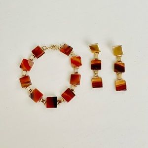 Bracelet/Earrings Set with amber and gold tone